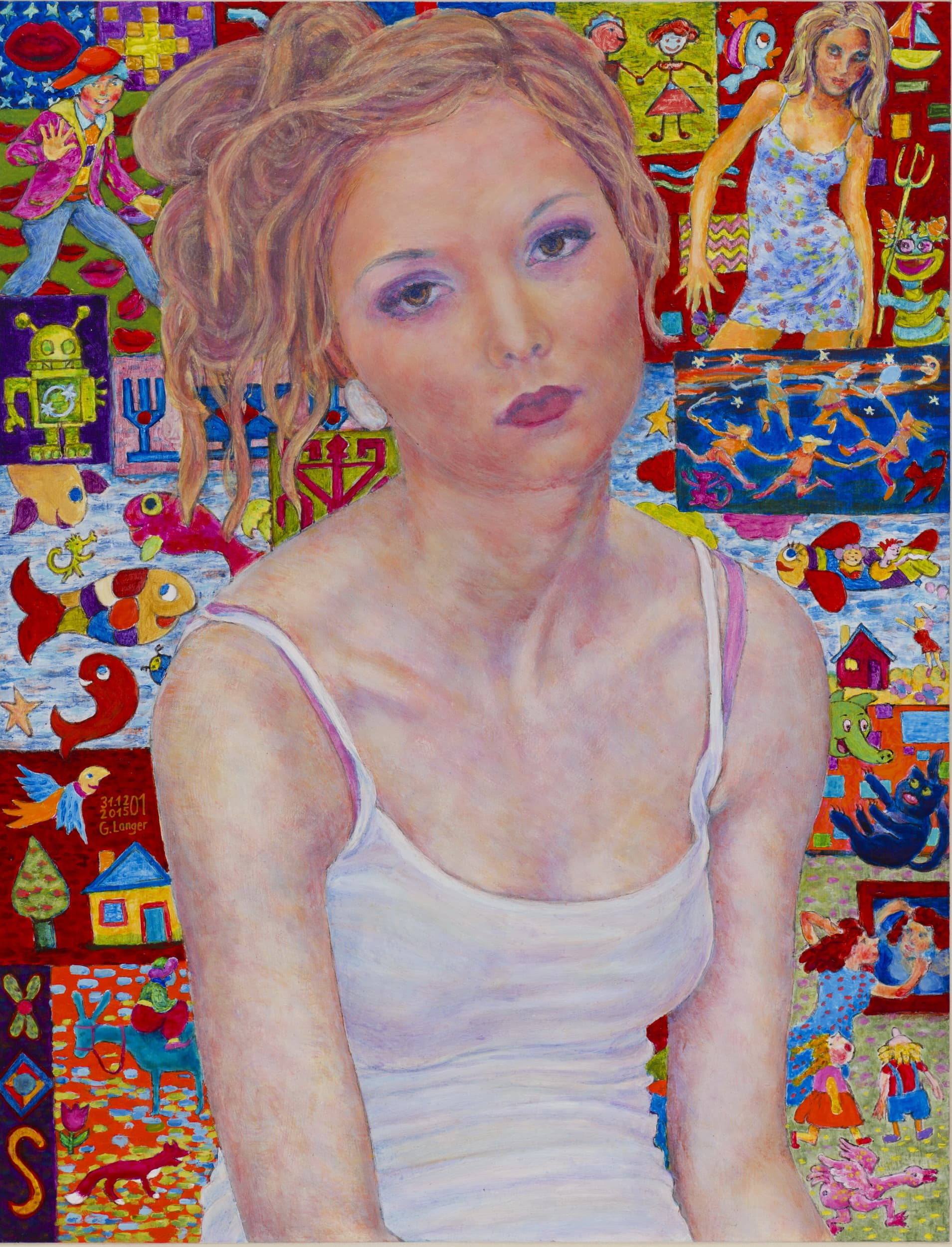 Gunter Langer, sitzende junge Frau im weißen Top, Hintergrund mit Geschichten, Lebensfarben, 2015, Acryl Malerei, Karton, 65 x 50 cm
